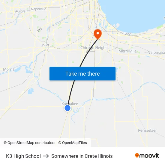 K3 High School to Somewhere in Crete Illinois map