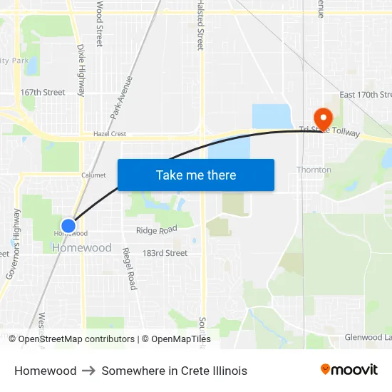 Homewood to Somewhere in Crete Illinois map