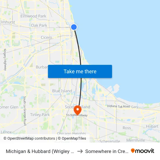 Michigan & Hubbard (Wrigley Bldg.) (South) to Somewhere in Crete Illinois map