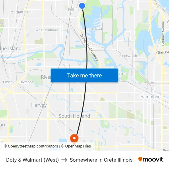 Doty & Walmart (West) to Somewhere in Crete Illinois map