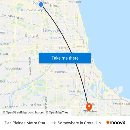 Des Plaines Metra Station to Somewhere in Crete Illinois map