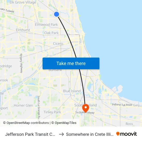Jefferson Park Transit Center to Somewhere in Crete Illinois map