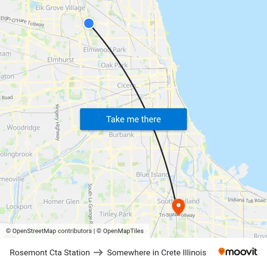 Rosemont Cta Station to Somewhere in Crete Illinois map