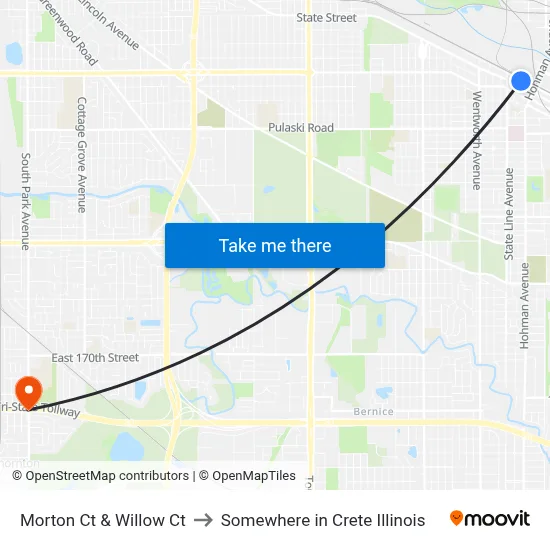 Morton Ct & Willow Ct to Somewhere in Crete Illinois map