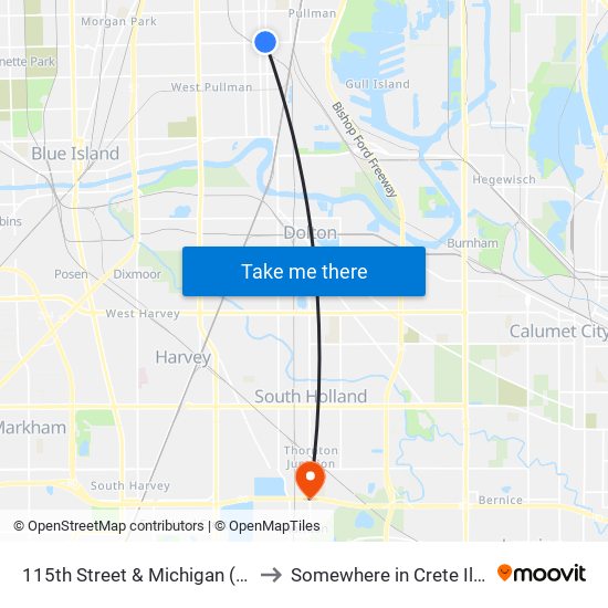 115th Street & Michigan (West) to Somewhere in Crete Illinois map