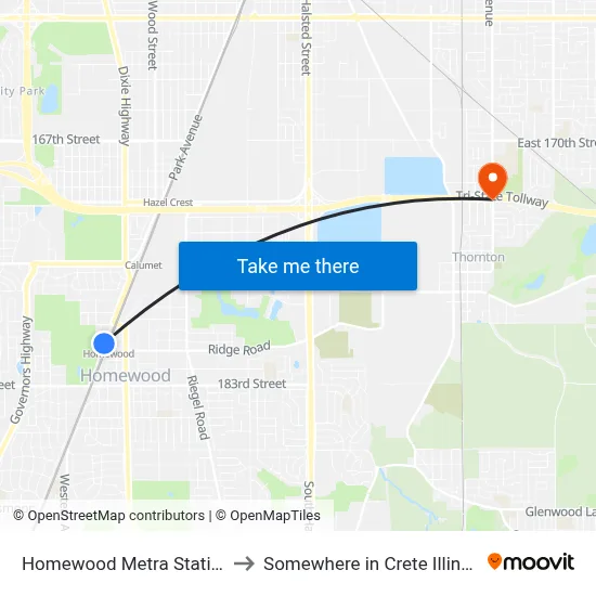 Homewood Metra Station to Somewhere in Crete Illinois map