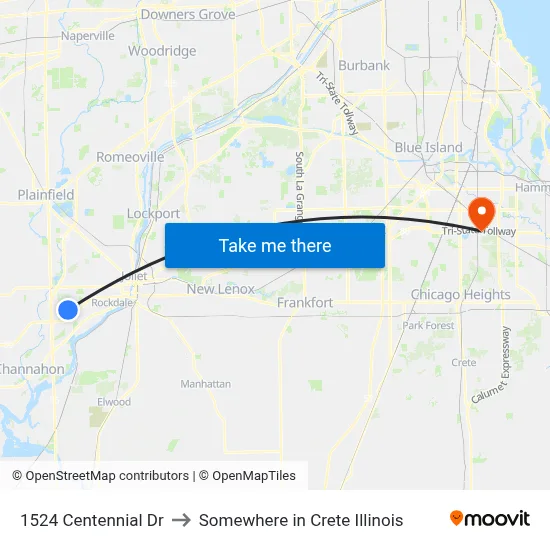 1524 Centennial Dr to Somewhere in Crete Illinois map