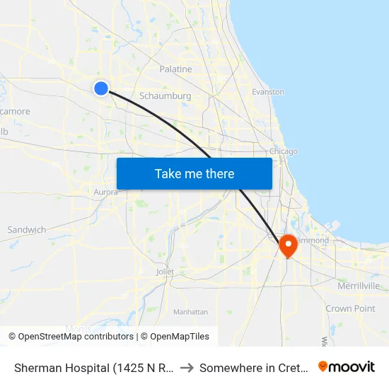 Sherman Hospital (1425 N Randall Rd) to Somewhere in Crete Illinois map
