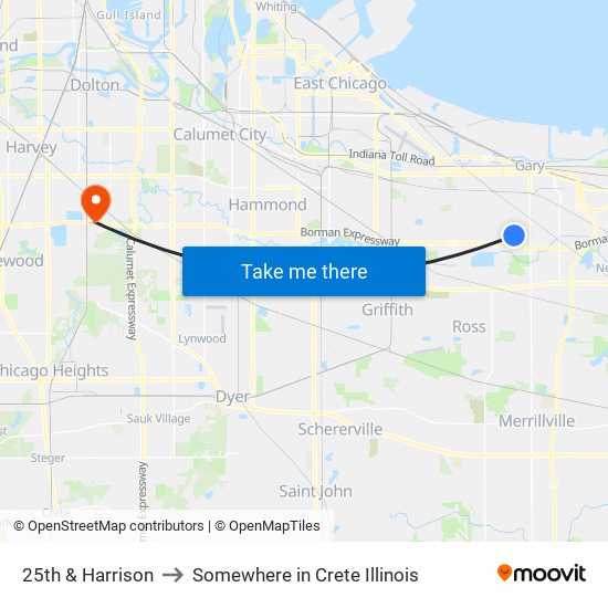 25th & Harrison to Somewhere in Crete Illinois map