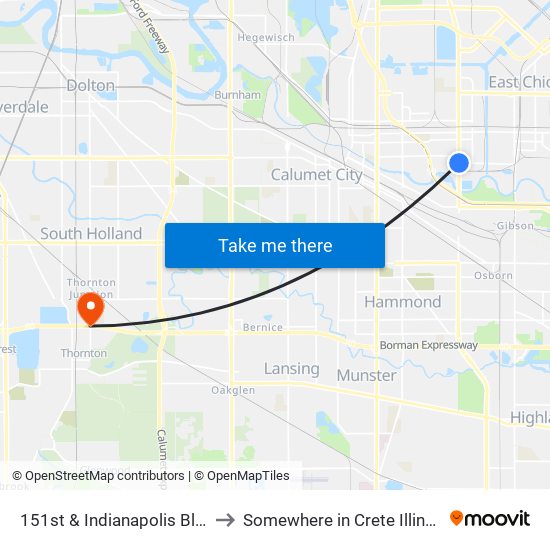 151st & Indianapolis Blvd to Somewhere in Crete Illinois map