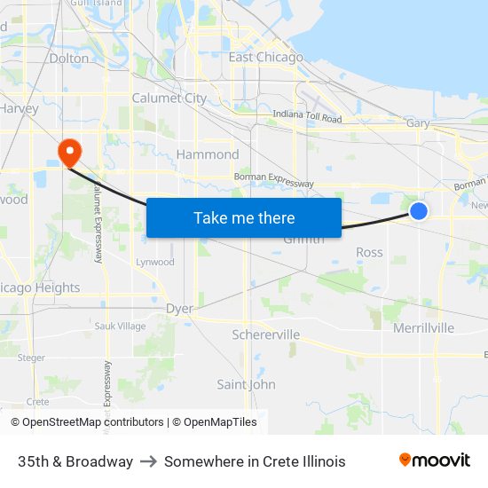 35th & Broadway to Somewhere in Crete Illinois map