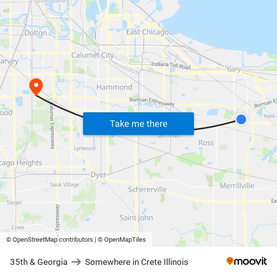 35th & Georgia to Somewhere in Crete Illinois map