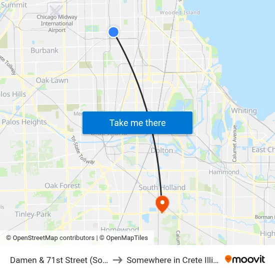 Damen & 71st Street (South) to Somewhere in Crete Illinois map
