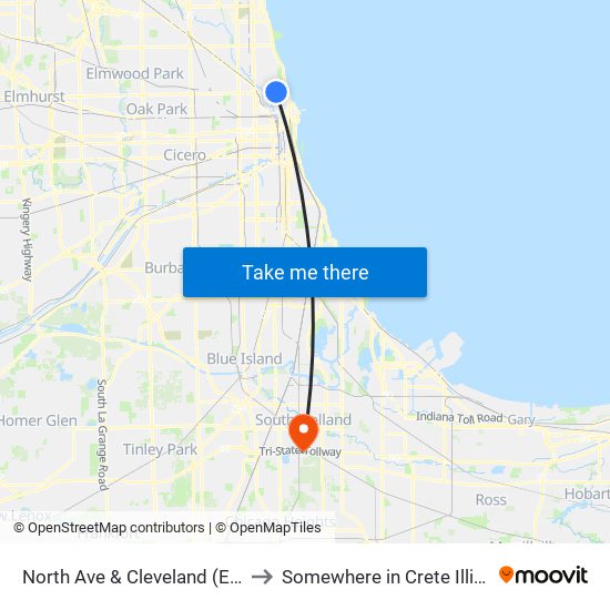 North Ave & Cleveland (East) to Somewhere in Crete Illinois map