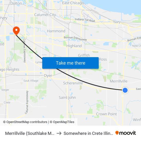 Merrillville (Southlake Mall) to Somewhere in Crete Illinois map