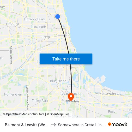 Belmont & Leavitt (West) to Somewhere in Crete Illinois map