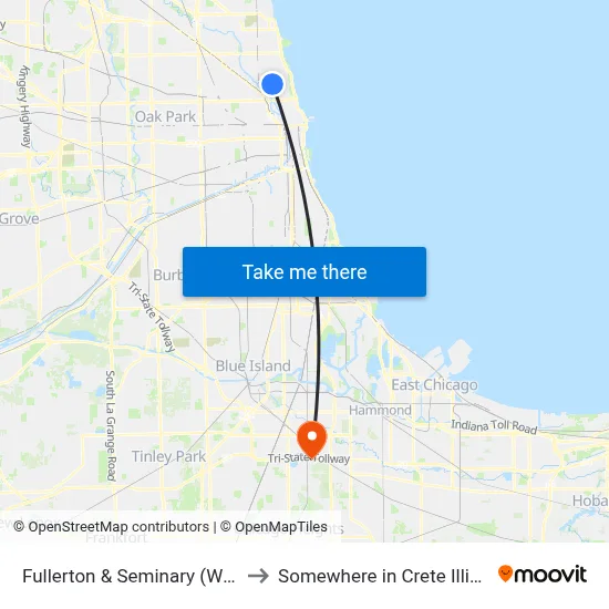 Fullerton & Seminary (West) to Somewhere in Crete Illinois map