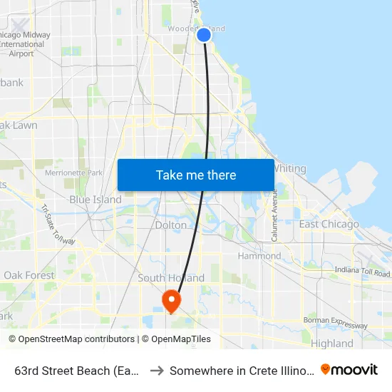 63rd Street Beach (East) to Somewhere in Crete Illinois map