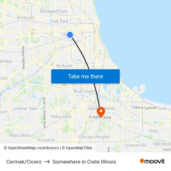 Cermak/Cicero to Somewhere in Crete Illinois map