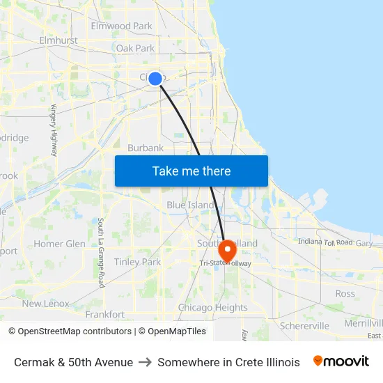 Cermak & 50th Avenue to Somewhere in Crete Illinois map