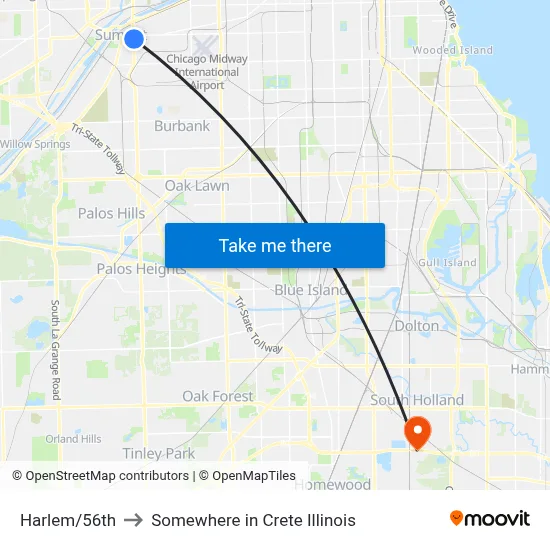 Harlem/56th to Somewhere in Crete Illinois map