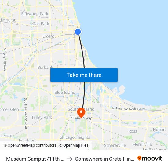 Museum Campus/11th St. to Somewhere in Crete Illinois map