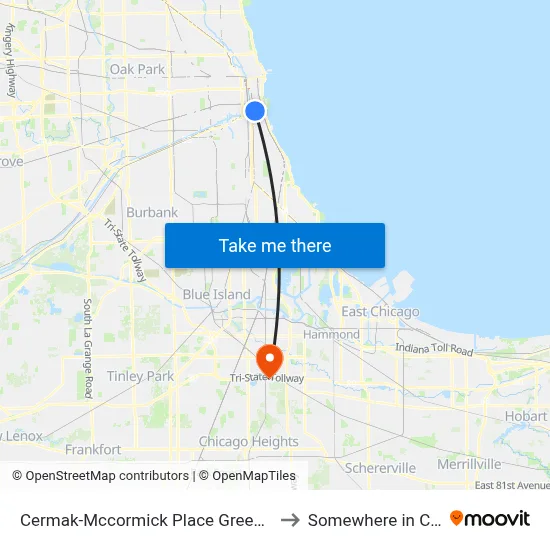 Cermak-Mccormick Place Green Line Station (East) to Somewhere in Crete Illinois map