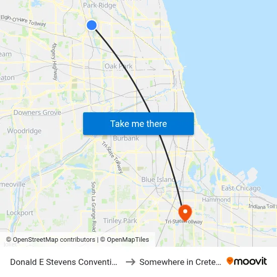 Donald E Stevens Convention Center to Somewhere in Crete Illinois map