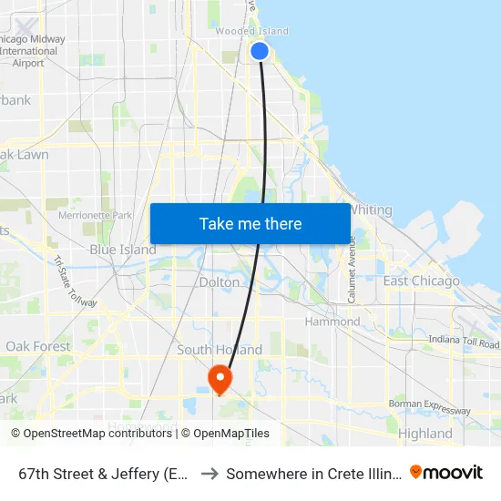 67th Street & Jeffery (East) to Somewhere in Crete Illinois map