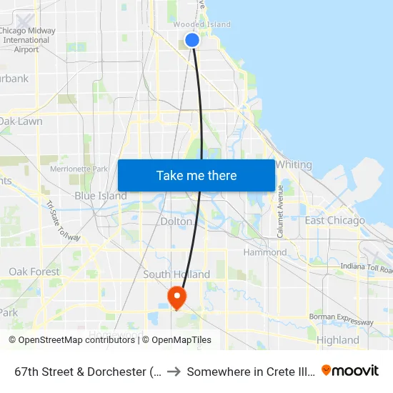 67th Street & Dorchester (East) to Somewhere in Crete Illinois map