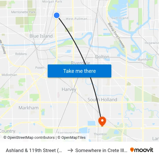 Ashland & 119th Street (North) to Somewhere in Crete Illinois map