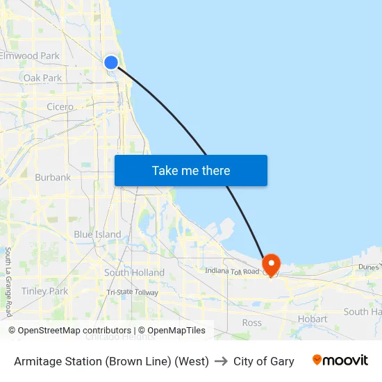 Armitage Station (Brown Line) (West) to City of Gary map