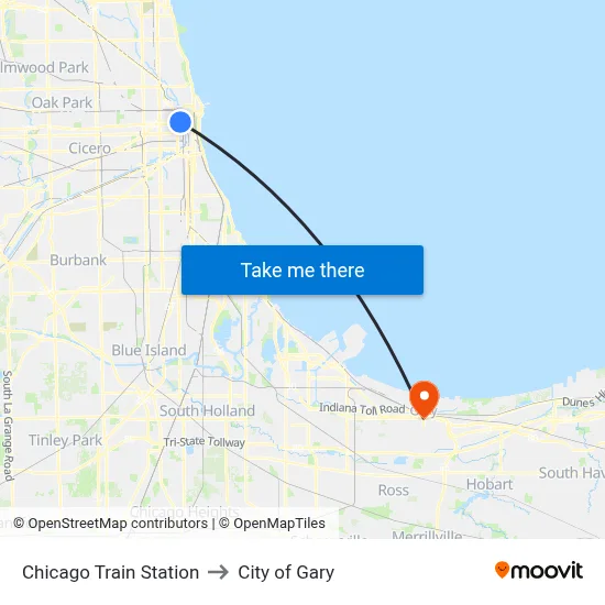 Chicago Train Station to City of Gary map