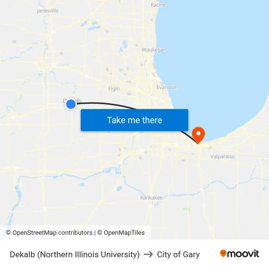 Dekalb (Northern Illinois University) to City of Gary map