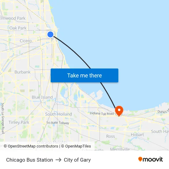 Chicago Bus Station to City of Gary map