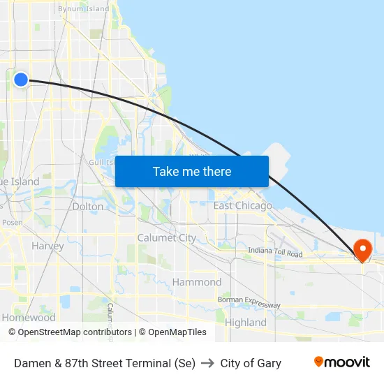 Damen & 87th Street Terminal (Se) to City of Gary map