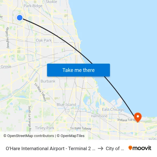 O'Hare International Airport - Terminal 2 Departures to City of Gary map