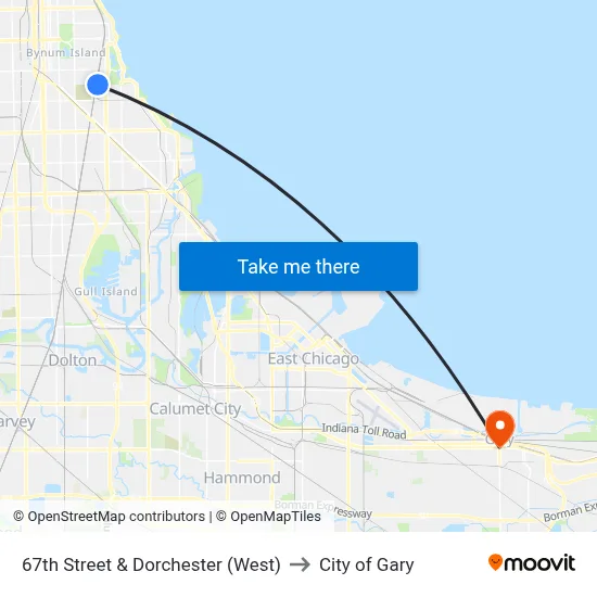 67th Street & Dorchester (West) to City of Gary map