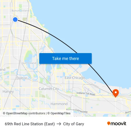 69th Red Line Station (East) to City of Gary map
