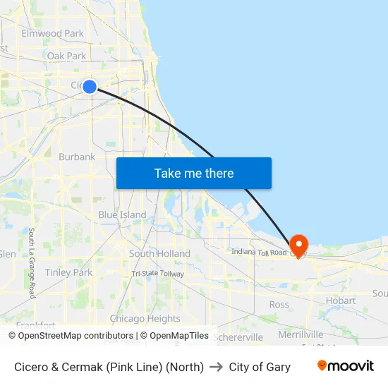 Cicero & Cermak (Pink Line) (North) to City of Gary map