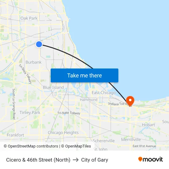 Cicero & 46th Street (North) to City of Gary map