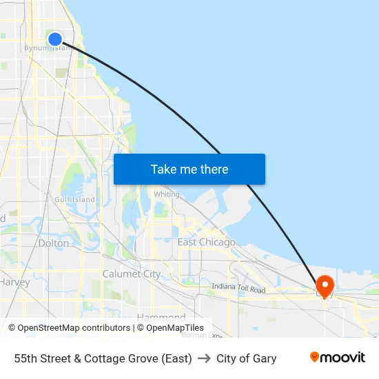 55th Street & Cottage Grove (East) to City of Gary map