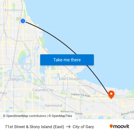 71st Street & Stony Island (East) to City of Gary map