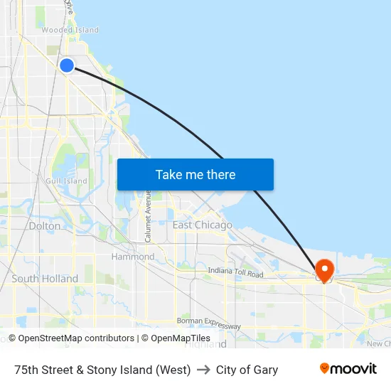 75th Street & Stony Island (West) to City of Gary map