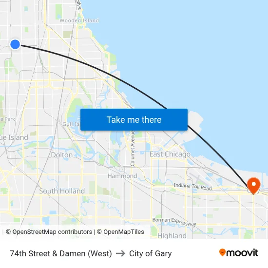 74th Street & Damen (West) to City of Gary map