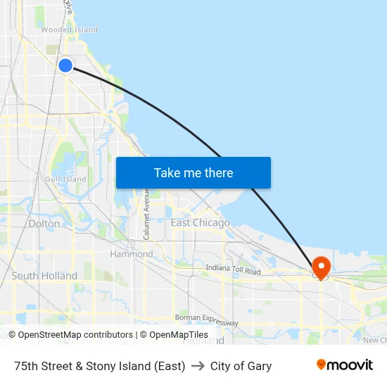 75th Street & Stony Island (East) to City of Gary map