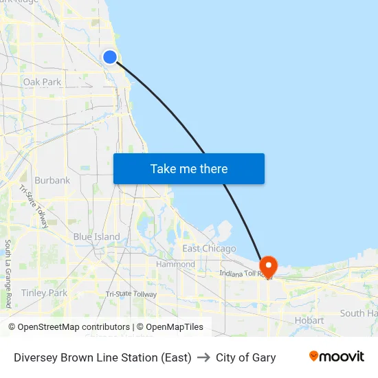 Diversey Brown Line Station (East) to City of Gary map
