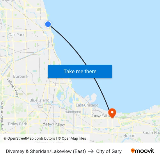 Diversey & Sheridan/Lakeview (East) to City of Gary map