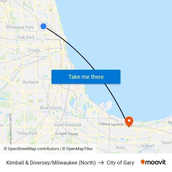 Kimball & Diversey/Milwaukee (North) to City of Gary map