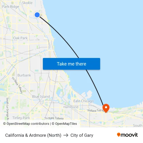 California & Ardmore (North) to City of Gary map